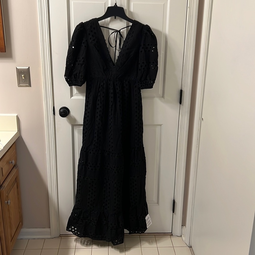 Asos size 6 black perforated puff sleeve maxi dress NWT